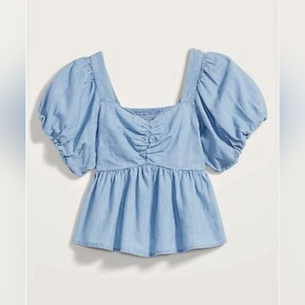 Old Navy Chambray Puff Sleeve Sweetheart Neckline Define Waist Top sz L - Picture 2 of 14